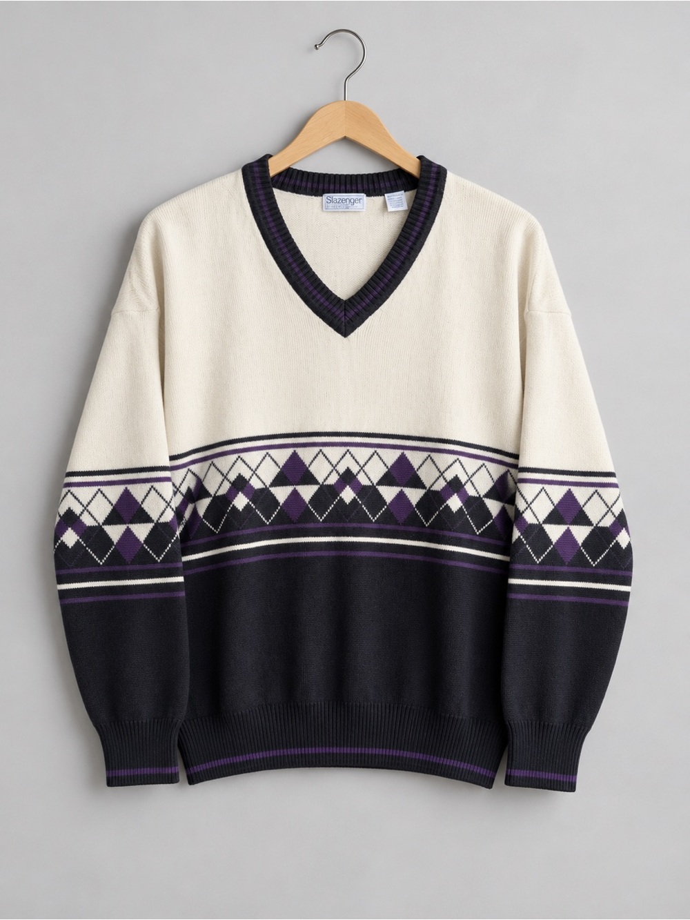 Vintage 90’s Slazenger V-Neck Sweater in Cream, Black & Purple